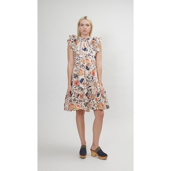 Ulla Johnson Floral Ruffle Tiered Babydoll Mini Dress Cream Blue Ochre - Picture 7 of 16